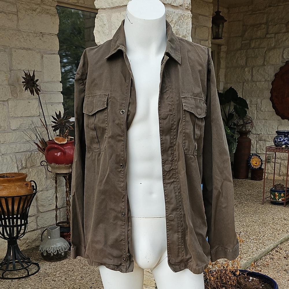 TRANSCRIPT Khaki Army Brown Cotton Button-Up, Zipper Shacket Utility Jacket L